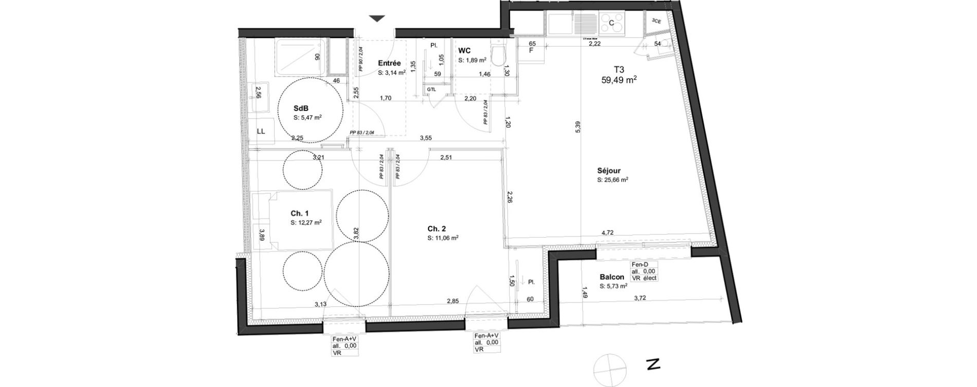 Appartement T3 de 59,49 m2 &agrave; Orl&eacute;ans Blossi&egrave;res - murlins - acacias