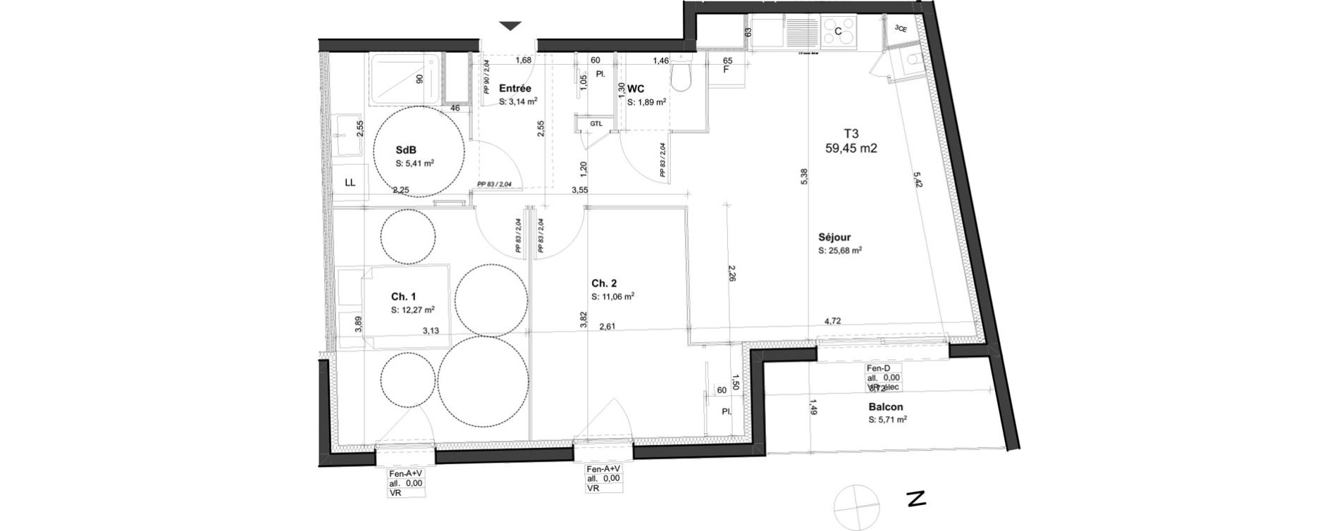 Appartement T3 de 59,45 m2 &agrave; Orl&eacute;ans Blossi&egrave;res - murlins - acacias