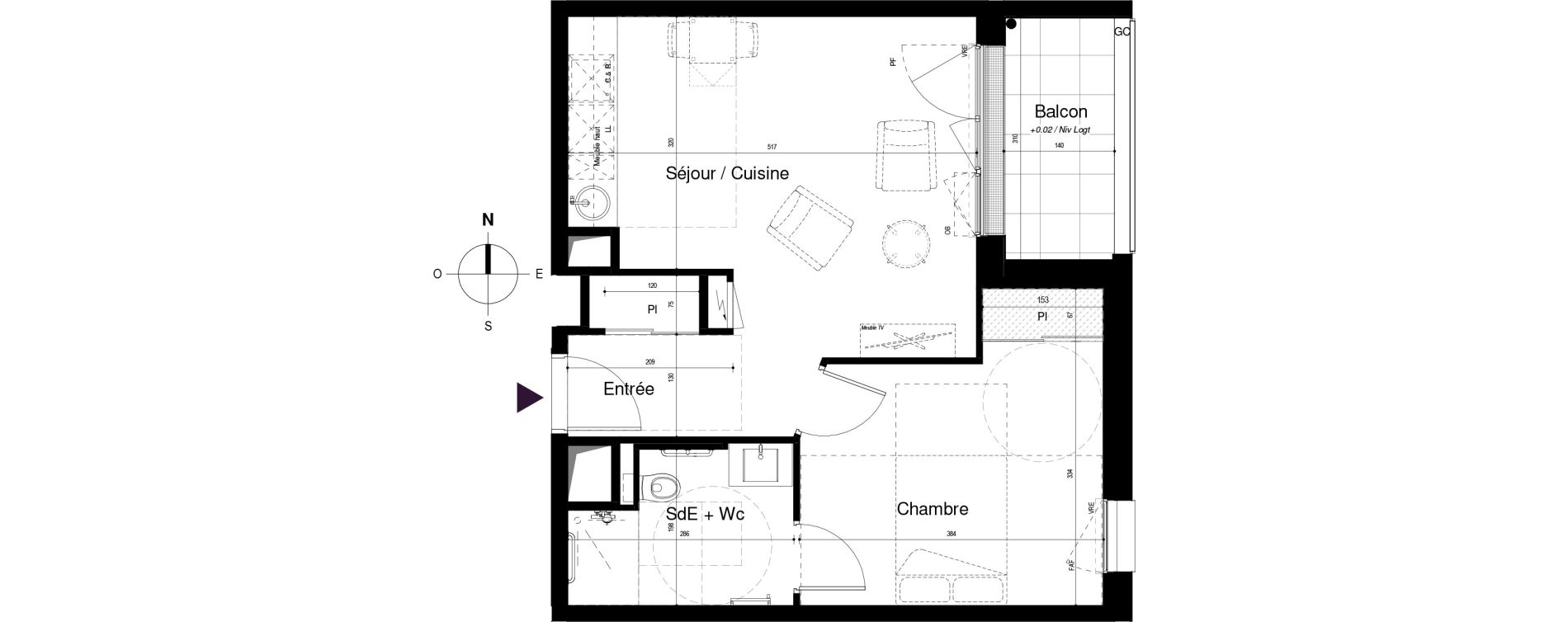 Appartement T2 meubl&eacute; de 42,43 m2 &agrave; Saran Centre