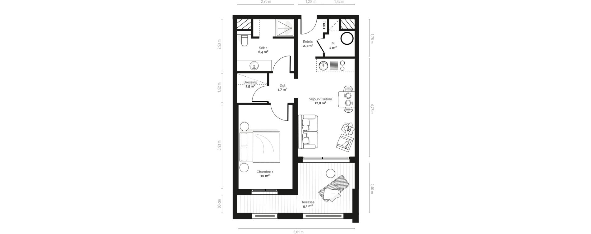 Appartement T2 meubl&eacute; de 37,90 m2 &agrave; Pianottoli-Caldarello Centre