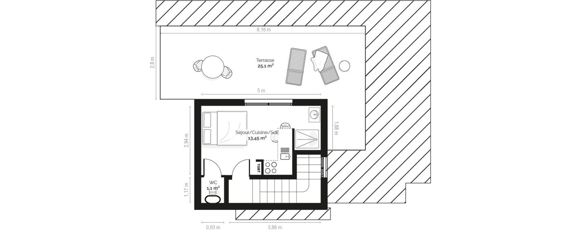 Studio meubl&eacute; de 14,55 m2 &agrave; Pianottoli-Caldarello Centre