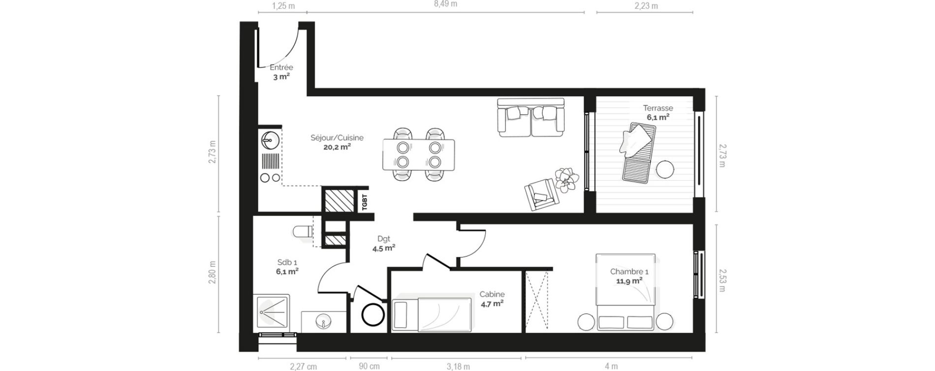 Appartement T2 meubl&eacute; de 50,50 m2 &agrave; Pianottoli-Caldarello Centre