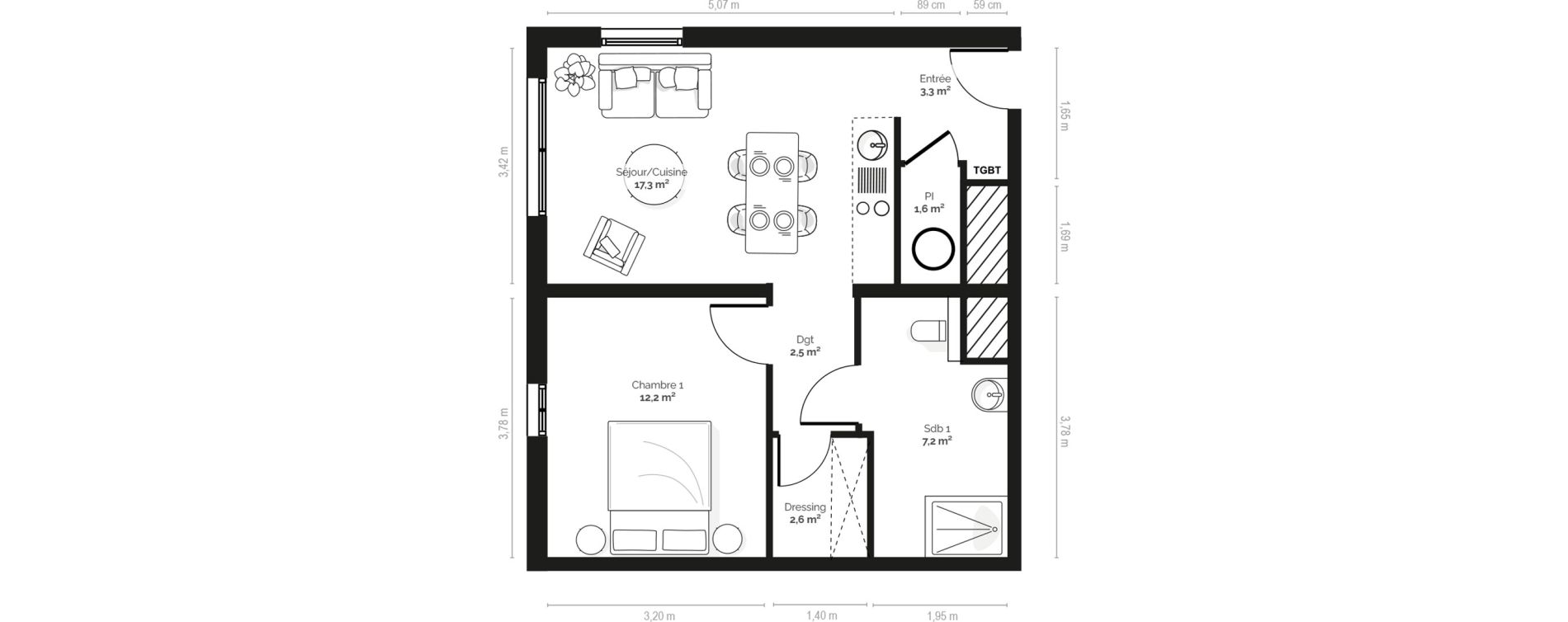 Appartement T2 meubl&eacute; de 46,70 m2 &agrave; Pianottoli-Caldarello Centre