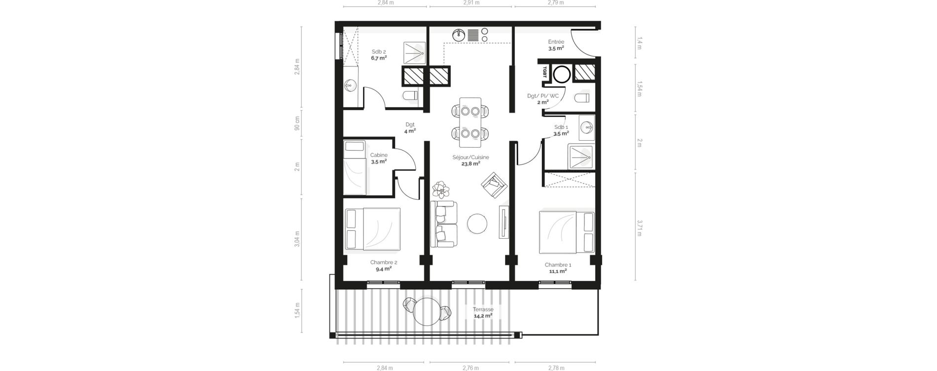 Appartement T3 meubl&eacute; de 70,80 m2 &agrave; Pianottoli-Caldarello Centre