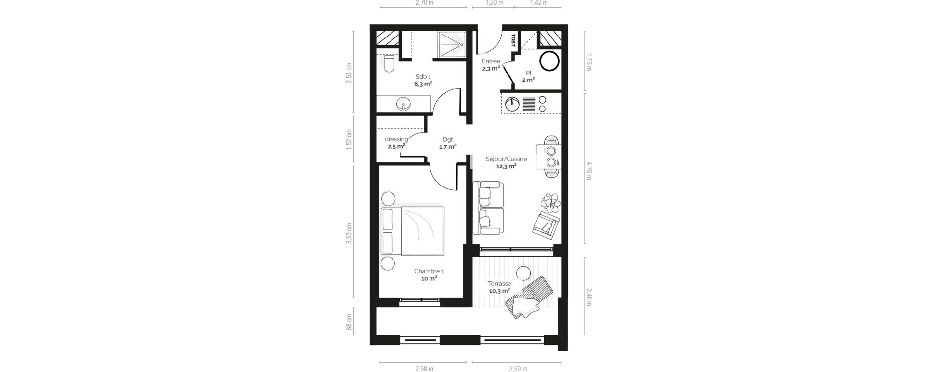 Appartement T2 meubl&eacute; de 37,90 m2 &agrave; Pianottoli-Caldarello Centre