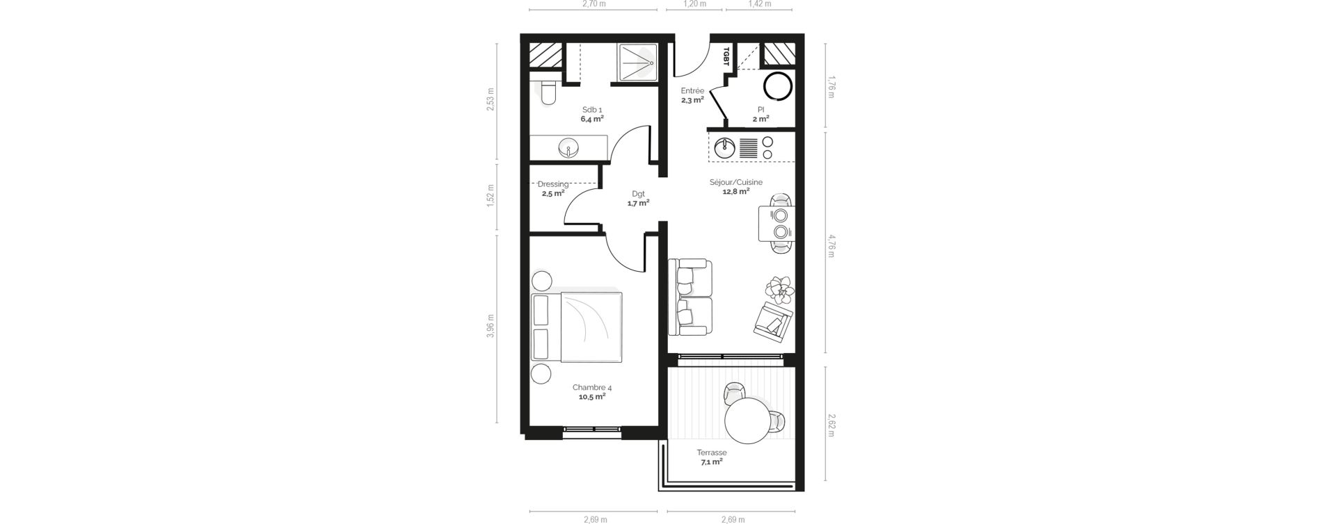 Appartement T2 meubl&eacute; de 38,30 m2 &agrave; Pianottoli-Caldarello Centre