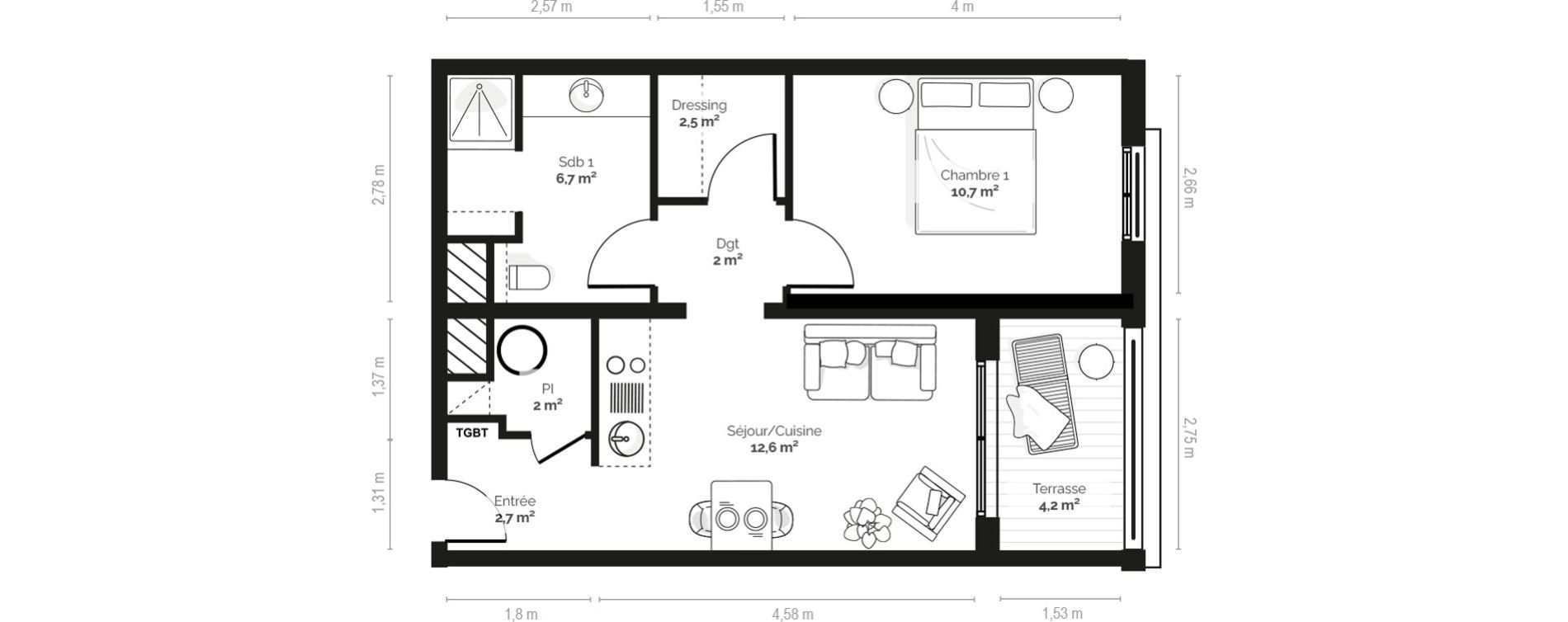 Appartement T2 meubl&eacute; de 39,20 m2 &agrave; Pianottoli-Caldarello Centre
