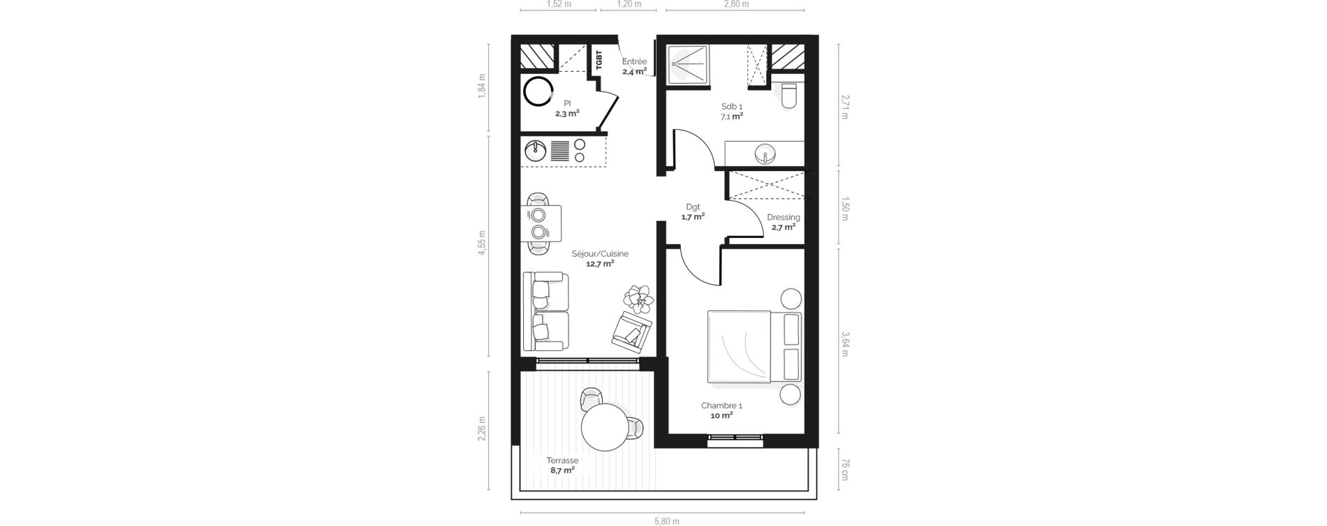 Appartement T2 meubl&eacute; de 39,00 m2 &agrave; Pianottoli-Caldarello Centre
