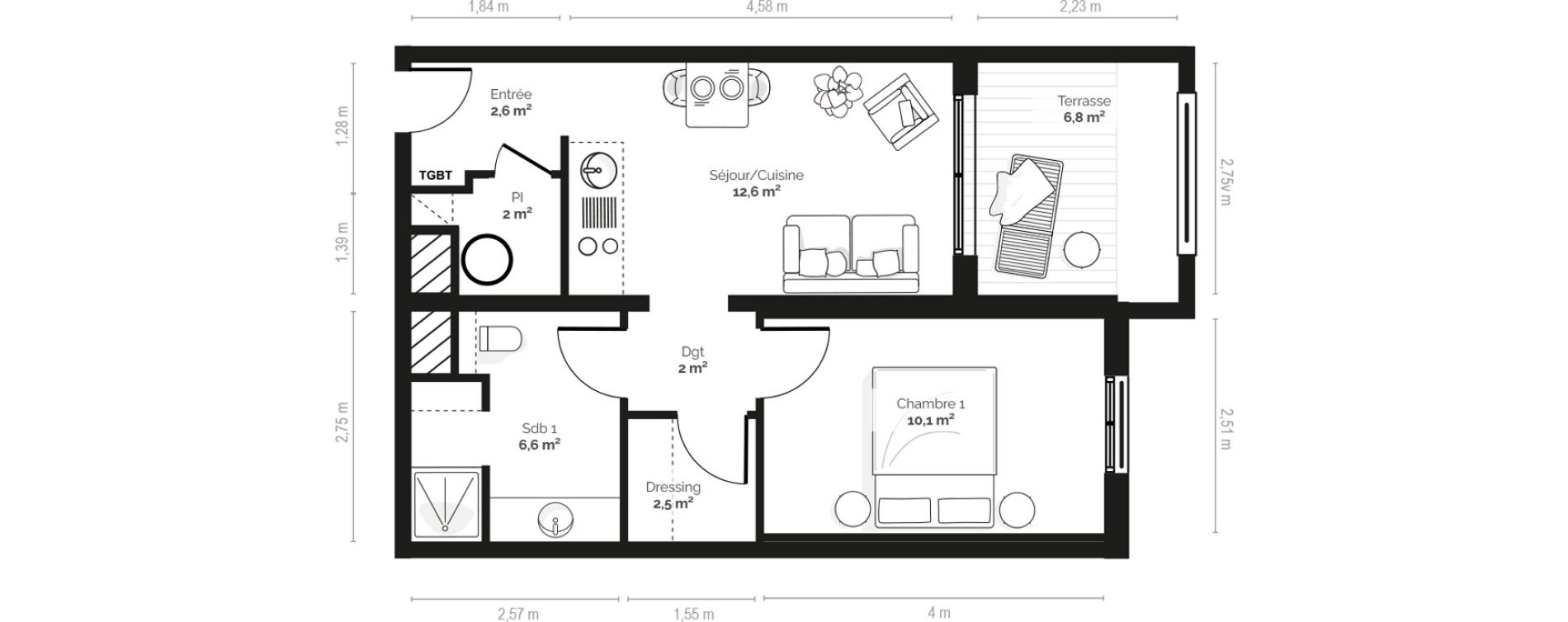 Appartement T2 meubl&eacute; de 38,50 m2 &agrave; Pianottoli-Caldarello Centre