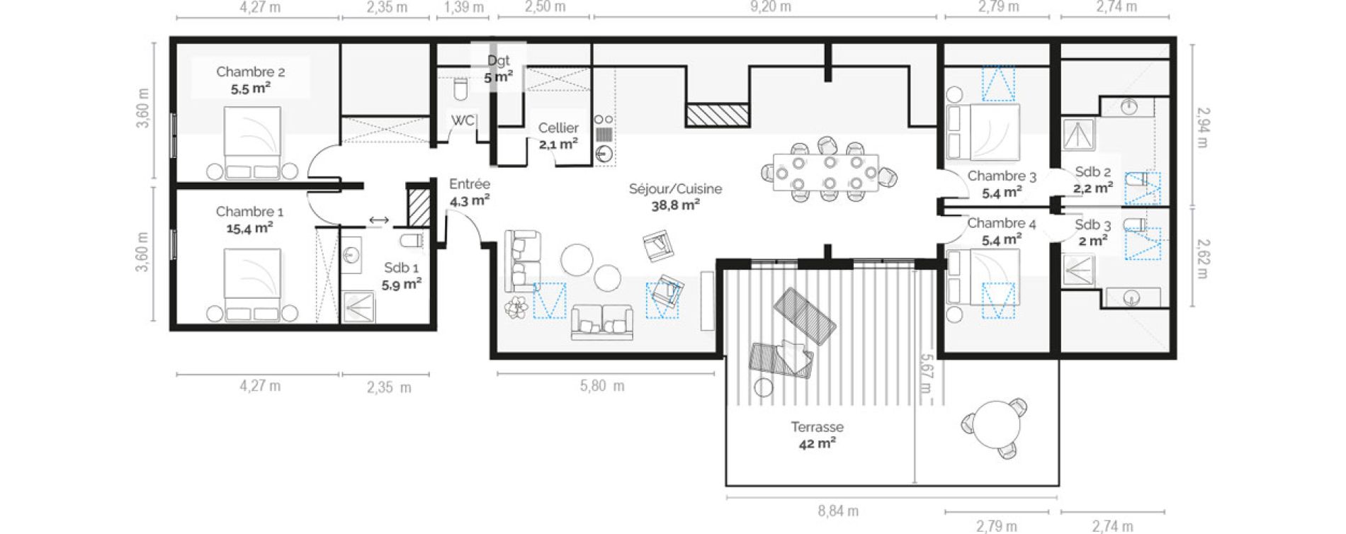 Appartement T5 meubl&eacute; de 92,00 m2 &agrave; Pianottoli-Caldarello Centre