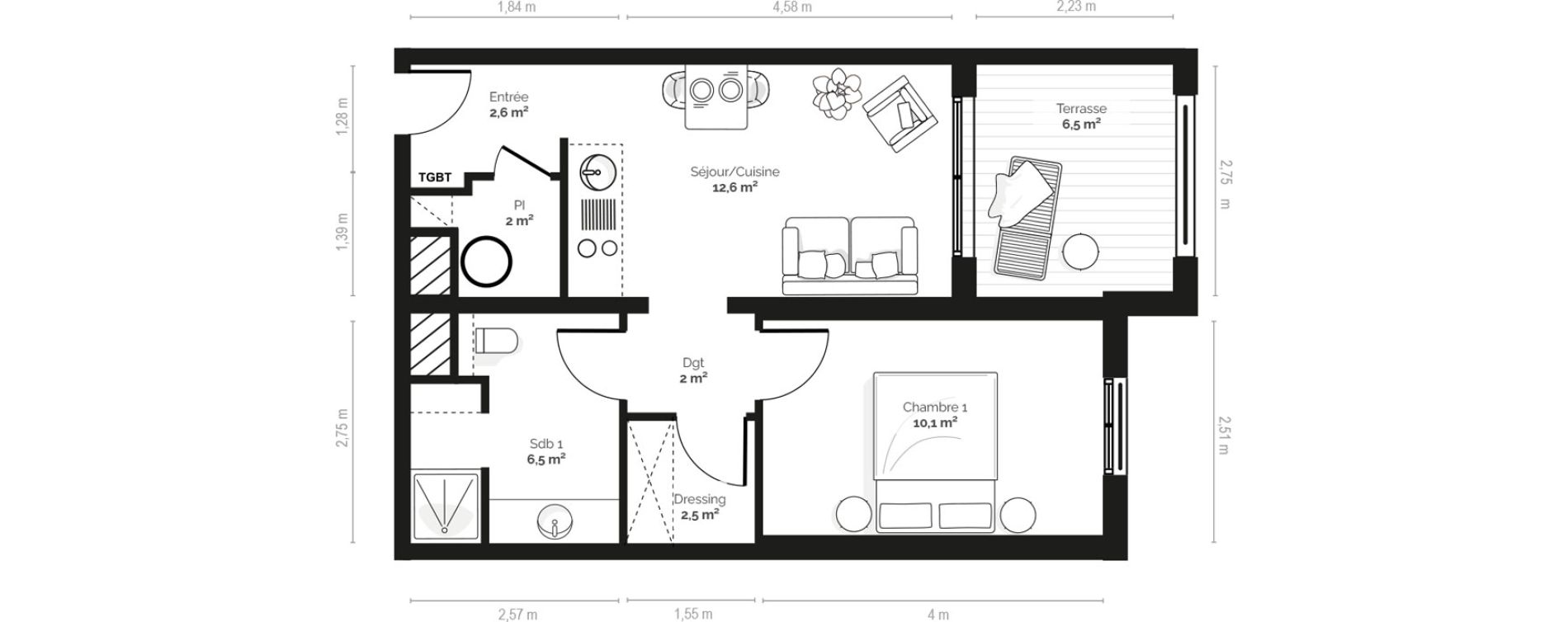 Appartement T2 meubl&eacute; de 38,50 m2 &agrave; Pianottoli-Caldarello Centre