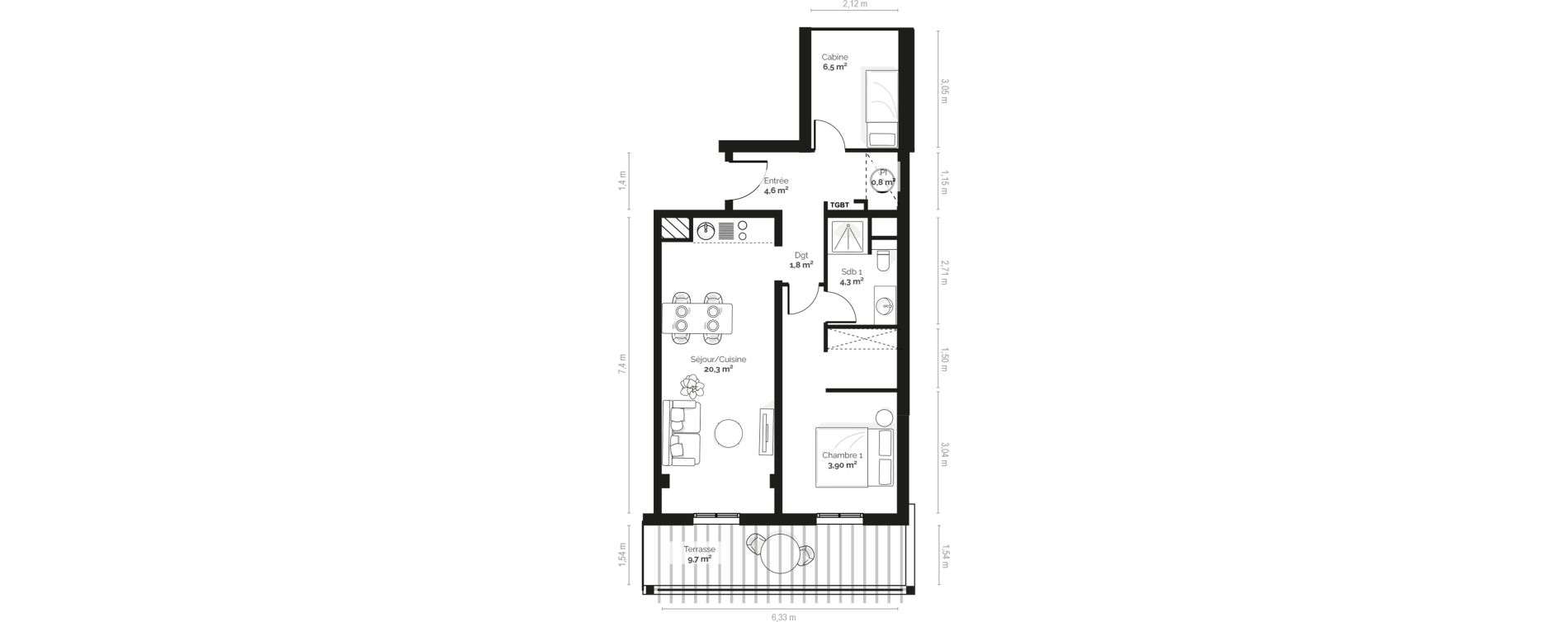 Appartement T2 meubl&eacute; de 52,40 m2 &agrave; Pianottoli-Caldarello Centre