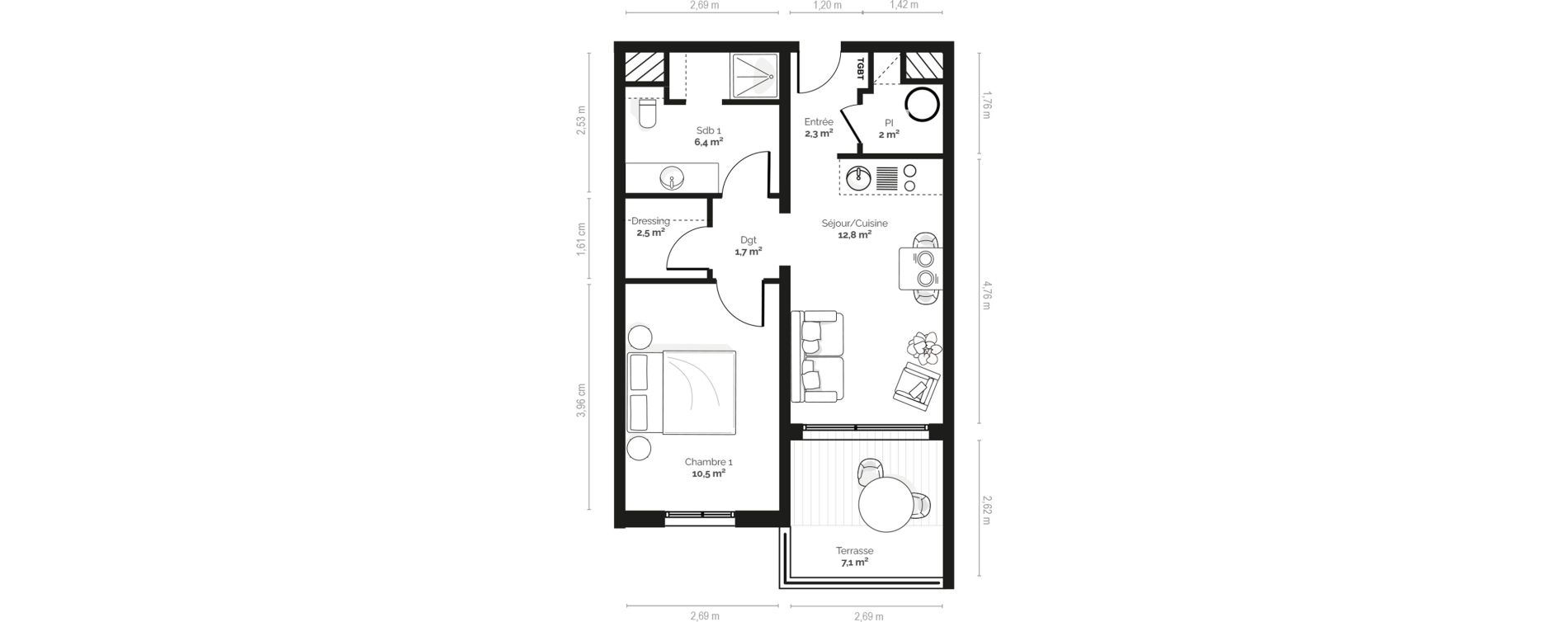 Appartement T2 meubl&eacute; de 38,30 m2 &agrave; Pianottoli-Caldarello Centre