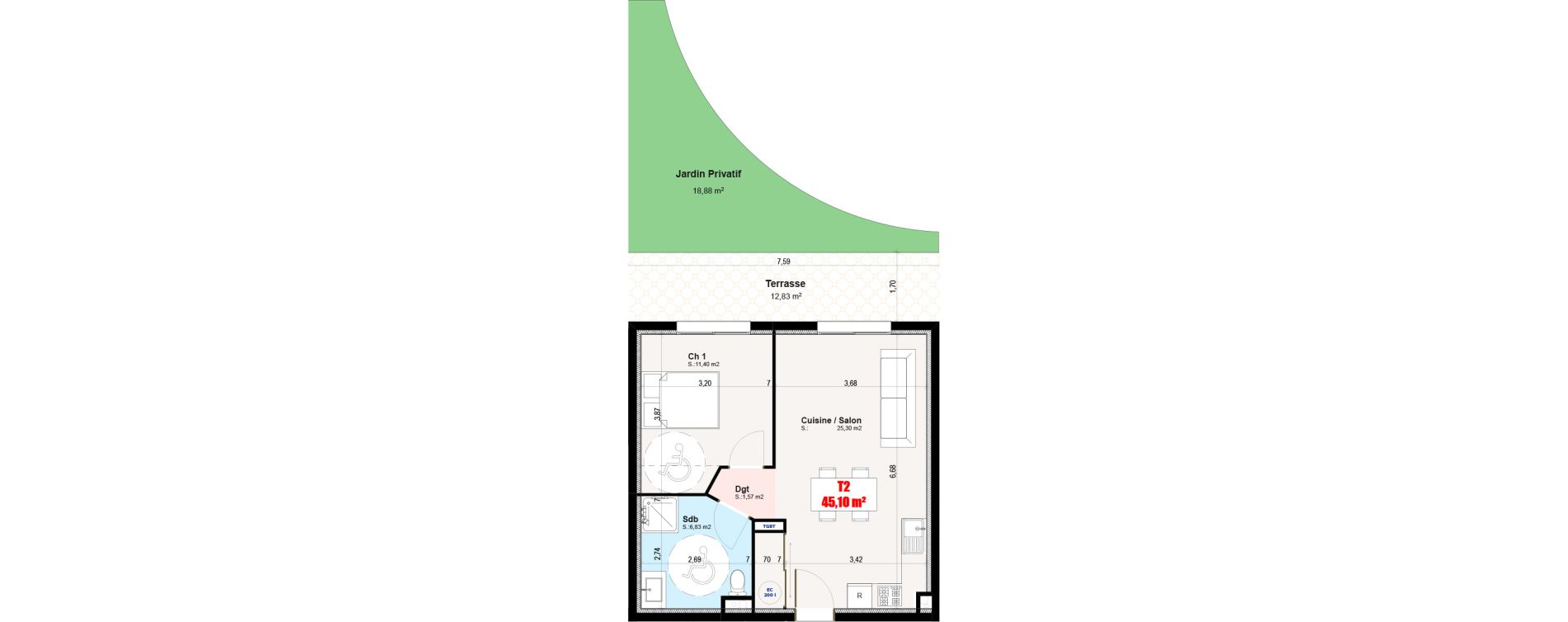 Appartement T2 de 45,10 m2 &agrave; Cervione Centre