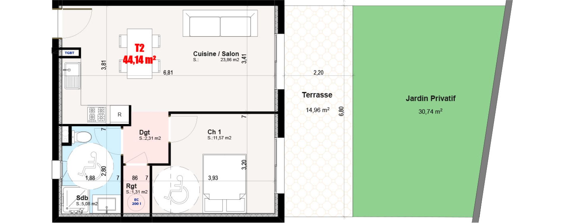 Appartement T2 de 44,13 m2 &agrave; Cervione Centre