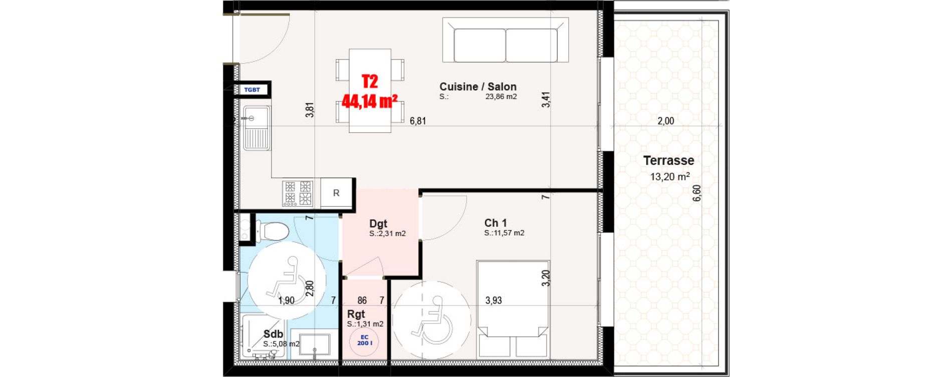 Appartement T2 de 44,14 m2 &agrave; Cervione Centre