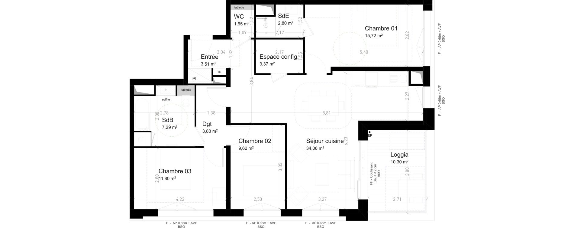 Appartement T4 de 93,65 m2 &agrave; Strasbourg Port du rhin