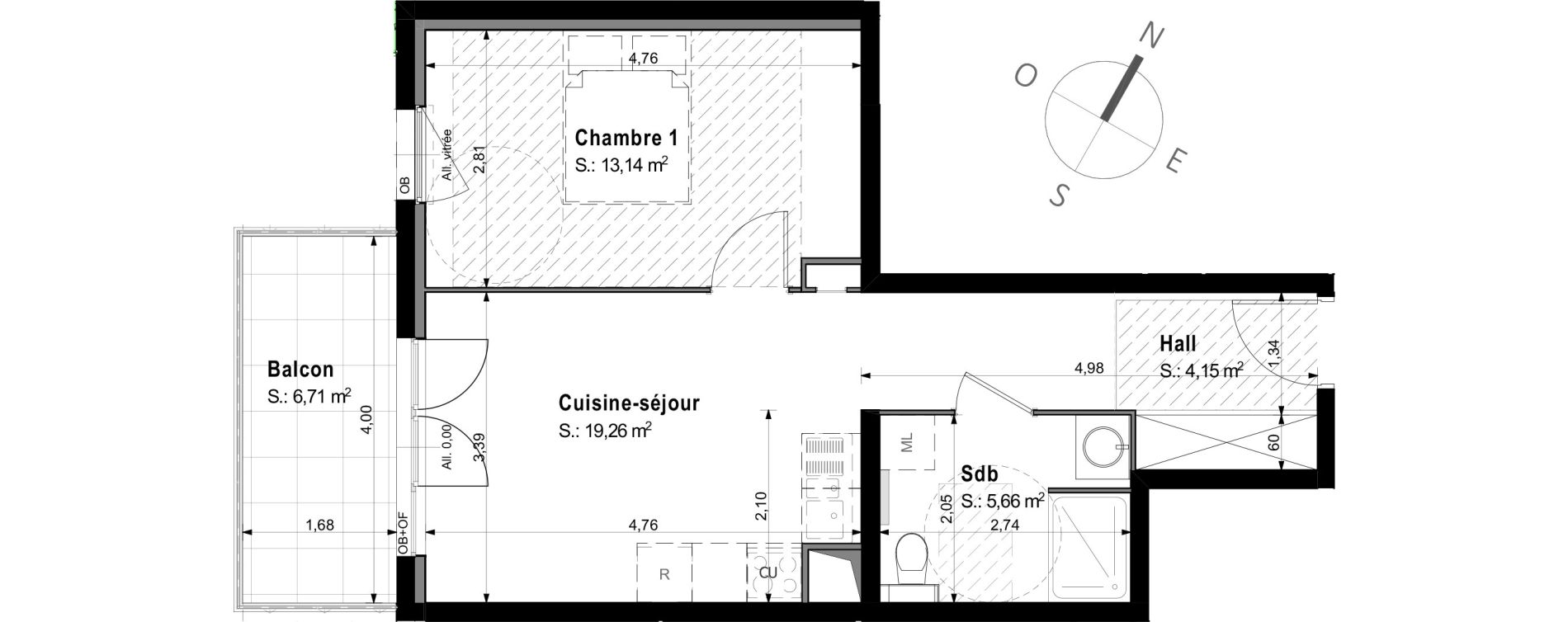 Appartement T2 de 42,21 m2 &agrave; Saint-Louis Centre