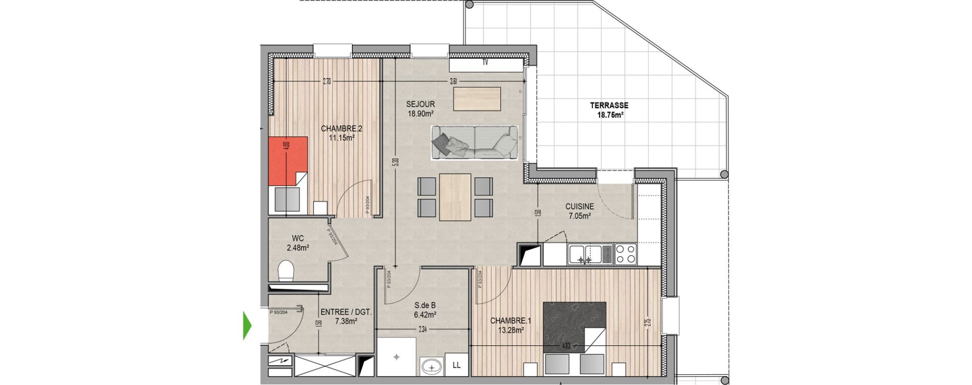 Appartement T3 de 66,66 m2 &agrave; Village-Neuf Centre