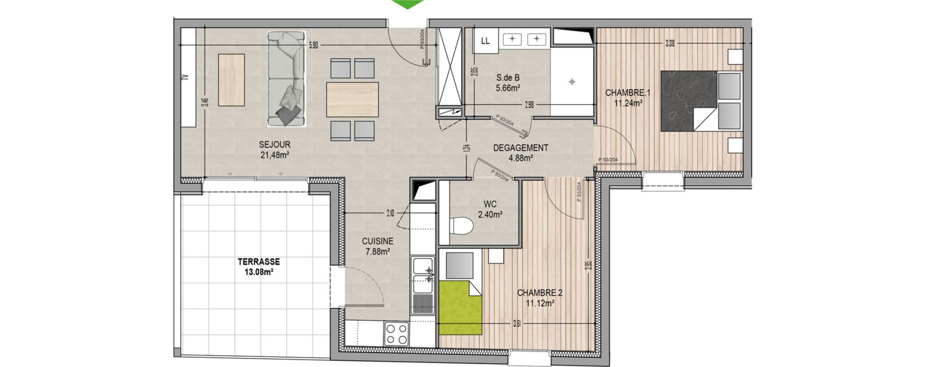 Appartement T3 de 64,66 m2 &agrave; Village-Neuf Centre