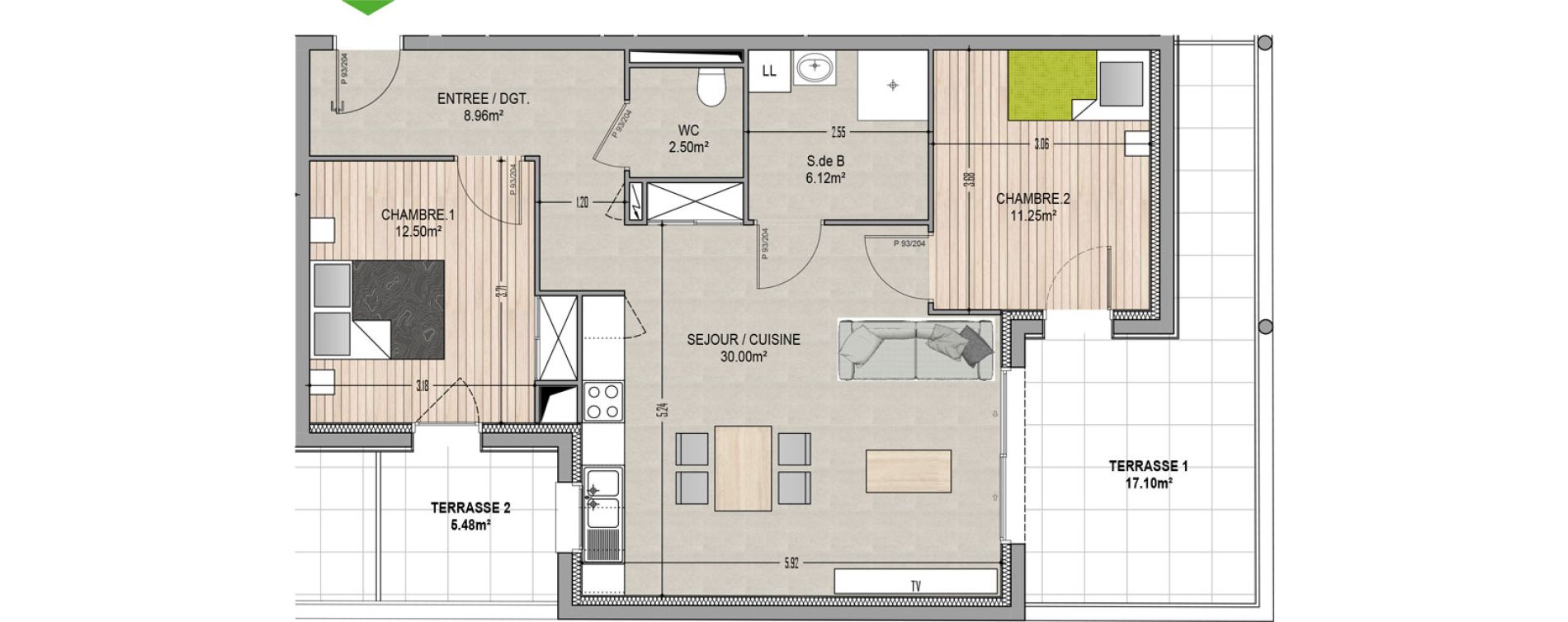 Appartement T3 de 71,33 m2 &agrave; Village-Neuf Centre