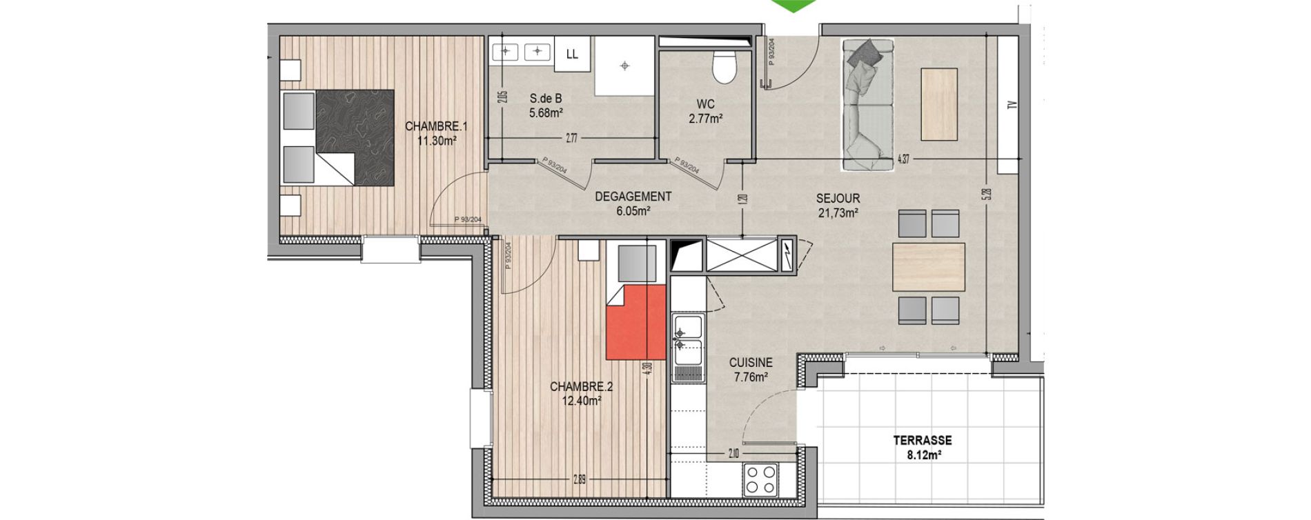 Appartement T3 de 67,69 m2 &agrave; Village-Neuf Centre