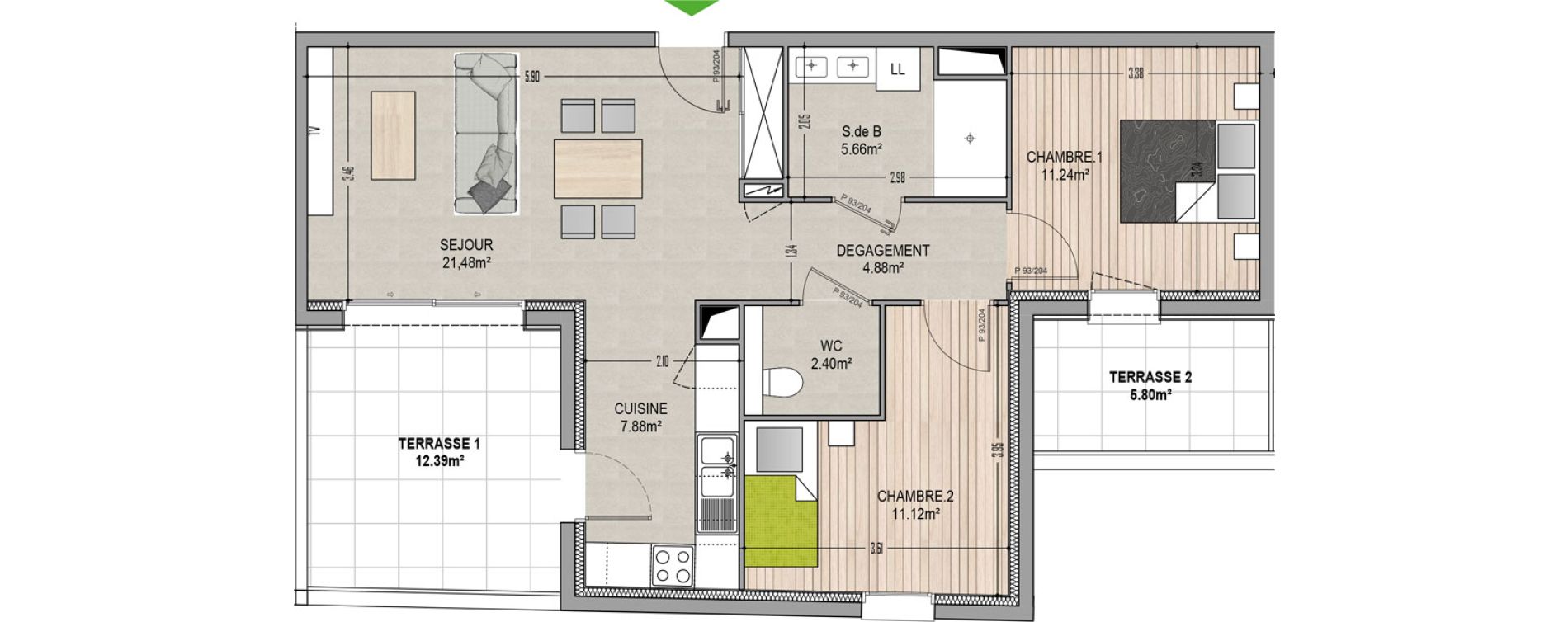 Appartement T3 de 64,66 m2 &agrave; Village-Neuf Centre