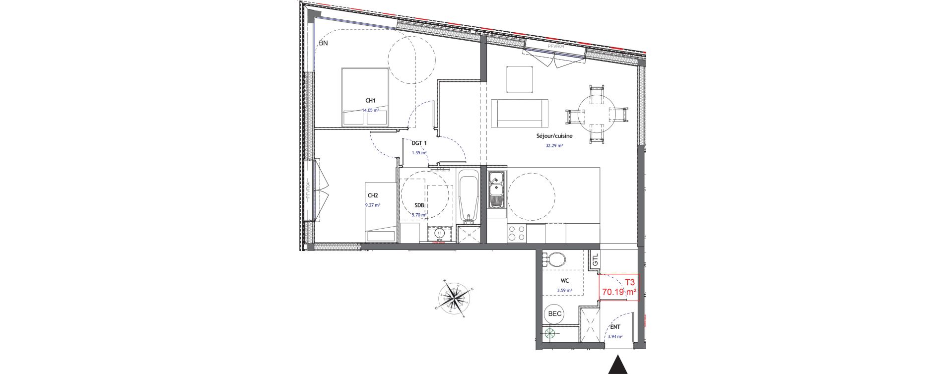 Appartement T3 de 70,19 m2 &agrave; Bezannes Centre