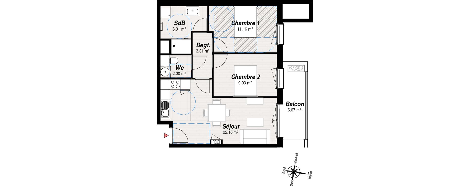 Appartement T3 de 55,06 m2 &agrave; Reims Croix-rouge - hauts de murigny