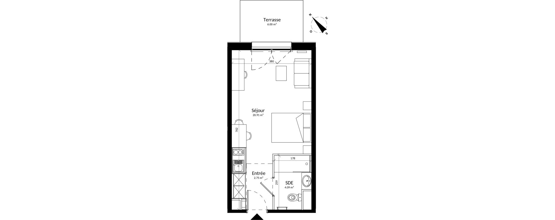 Appartement T1 meubl&eacute; de 27,75 m2 &agrave; Reims Fac de sciences campus