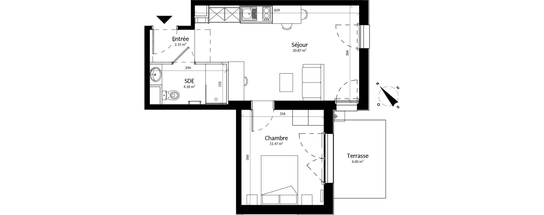 Appartement T2 meubl&eacute; de 38,65 m2 &agrave; Reims Fac de sciences campus
