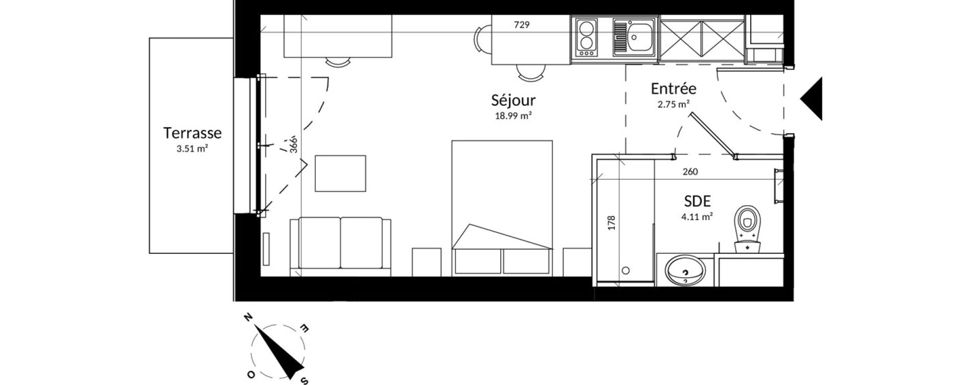 Appartement T1 meubl&eacute; de 25,85 m2 &agrave; Reims Fac de sciences campus