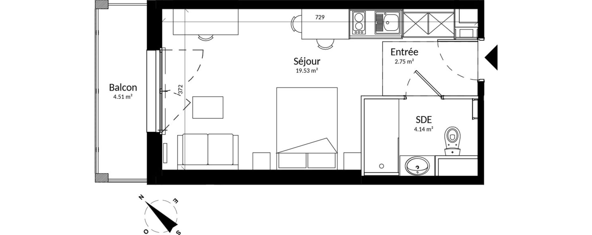 Appartement T1 meubl&eacute; de 26,42 m2 &agrave; Reims Fac de sciences campus