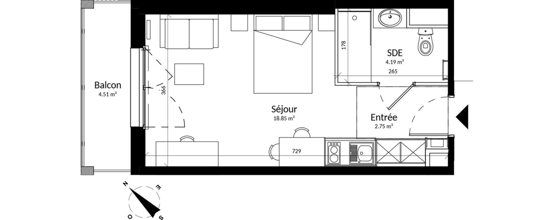 Appartement T1 meubl&eacute; de 25,79 m2 &agrave; Reims Fac de sciences campus