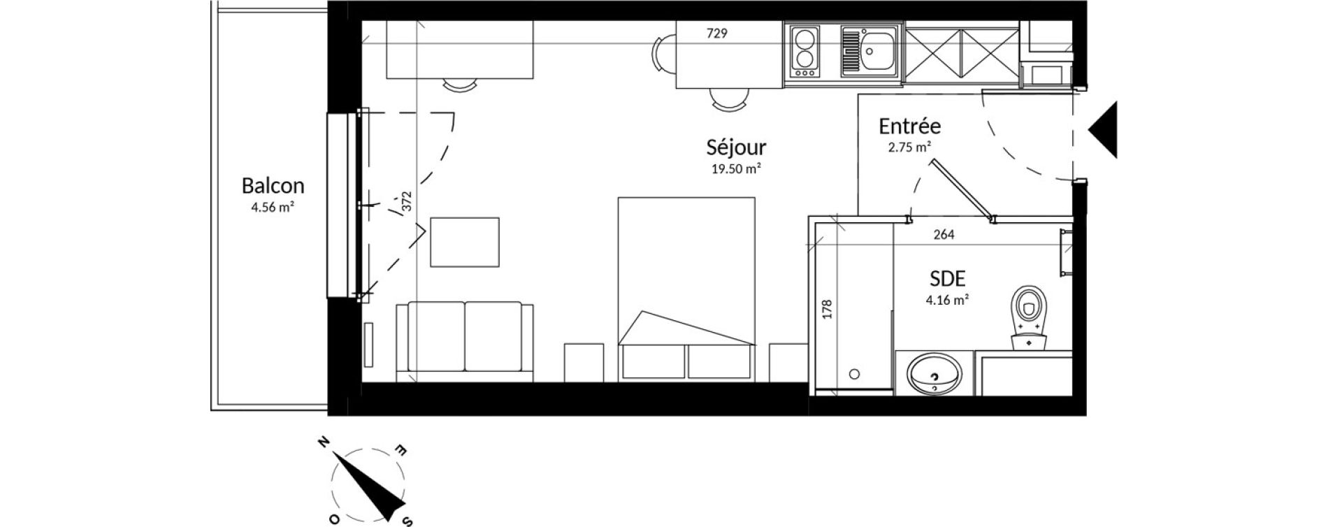 Appartement T1 meubl&eacute; de 26,41 m2 &agrave; Reims Fac de sciences campus