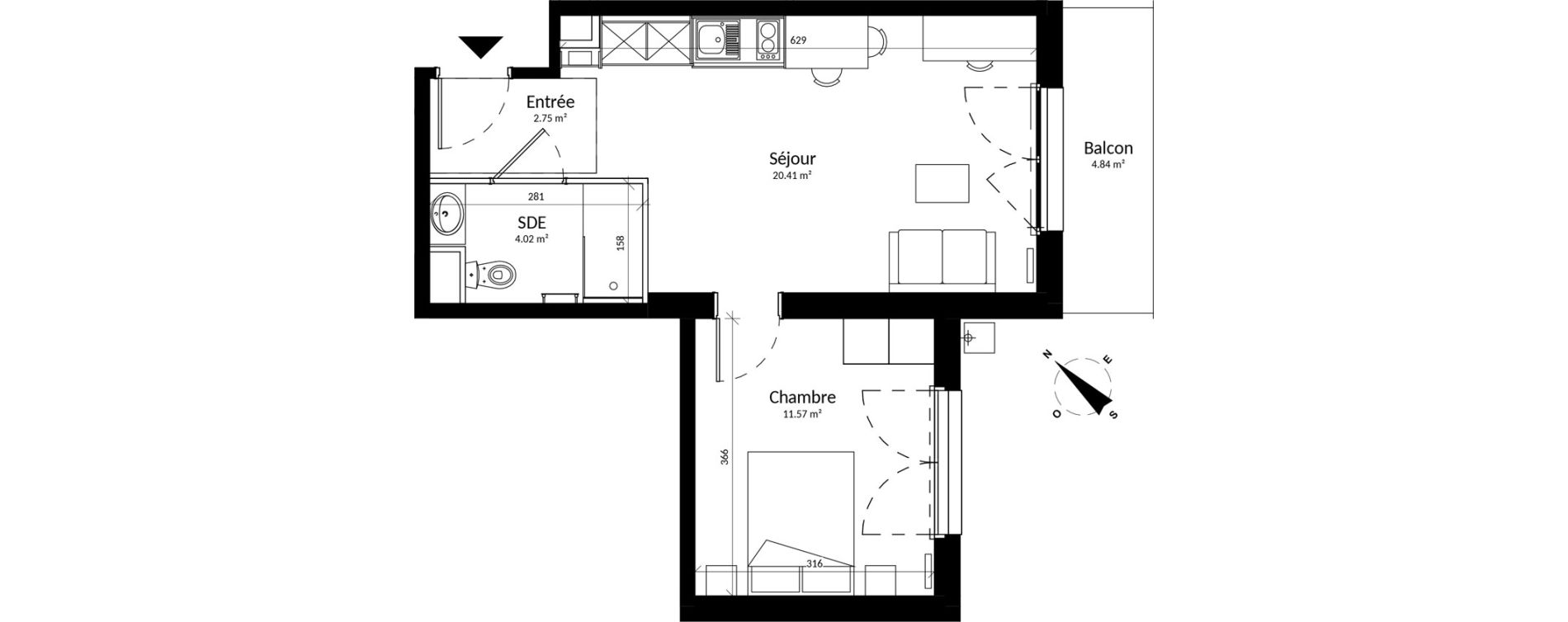Appartement T2 meubl&eacute; de 38,75 m2 &agrave; Reims Fac de sciences campus