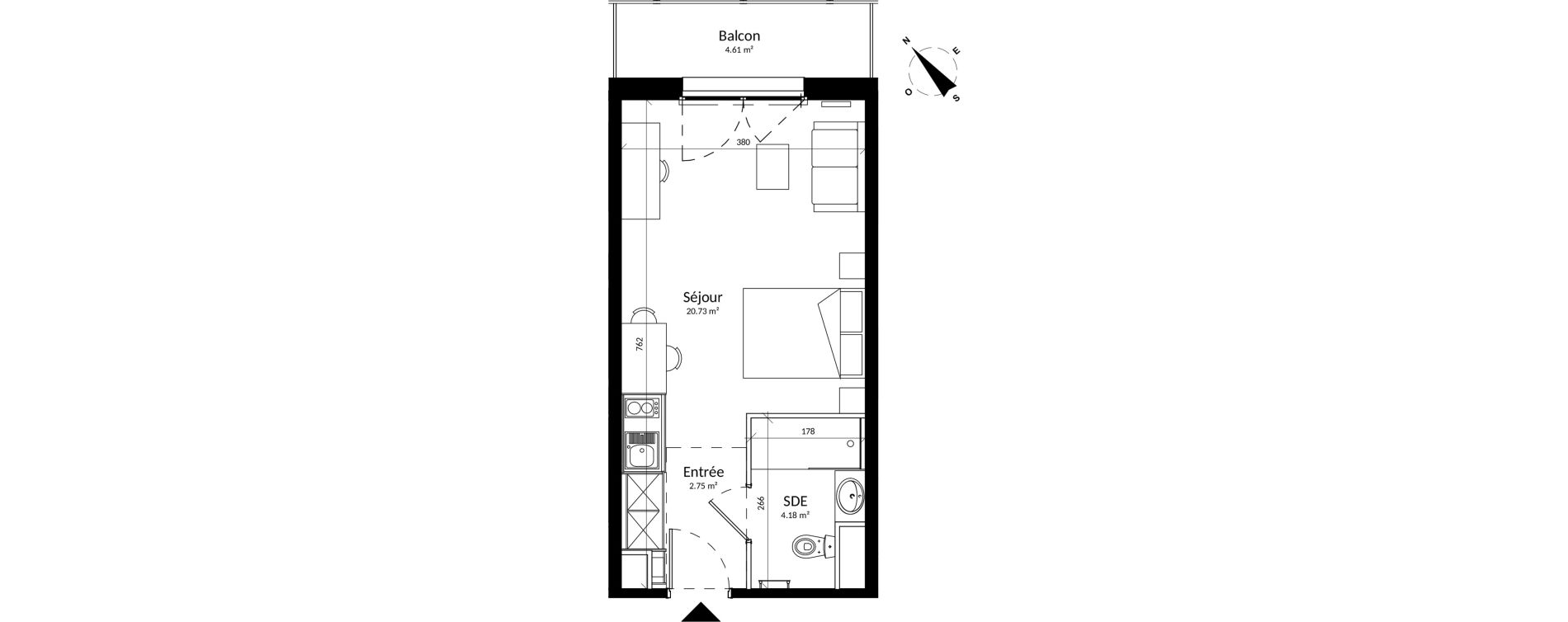 Appartement T1 meubl&eacute; de 27,66 m2 &agrave; Reims Fac de sciences campus