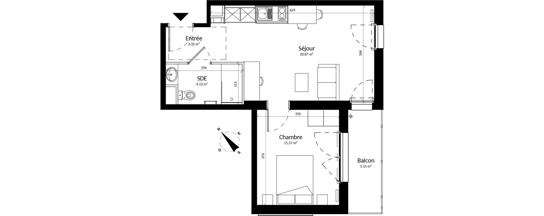 Appartement T2 meubl&eacute; de 38,89 m2 &agrave; Reims Fac de sciences campus