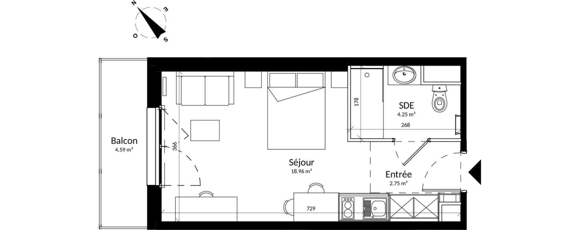 Appartement T1 meubl&eacute; de 25,96 m2 &agrave; Reims Fac de sciences campus