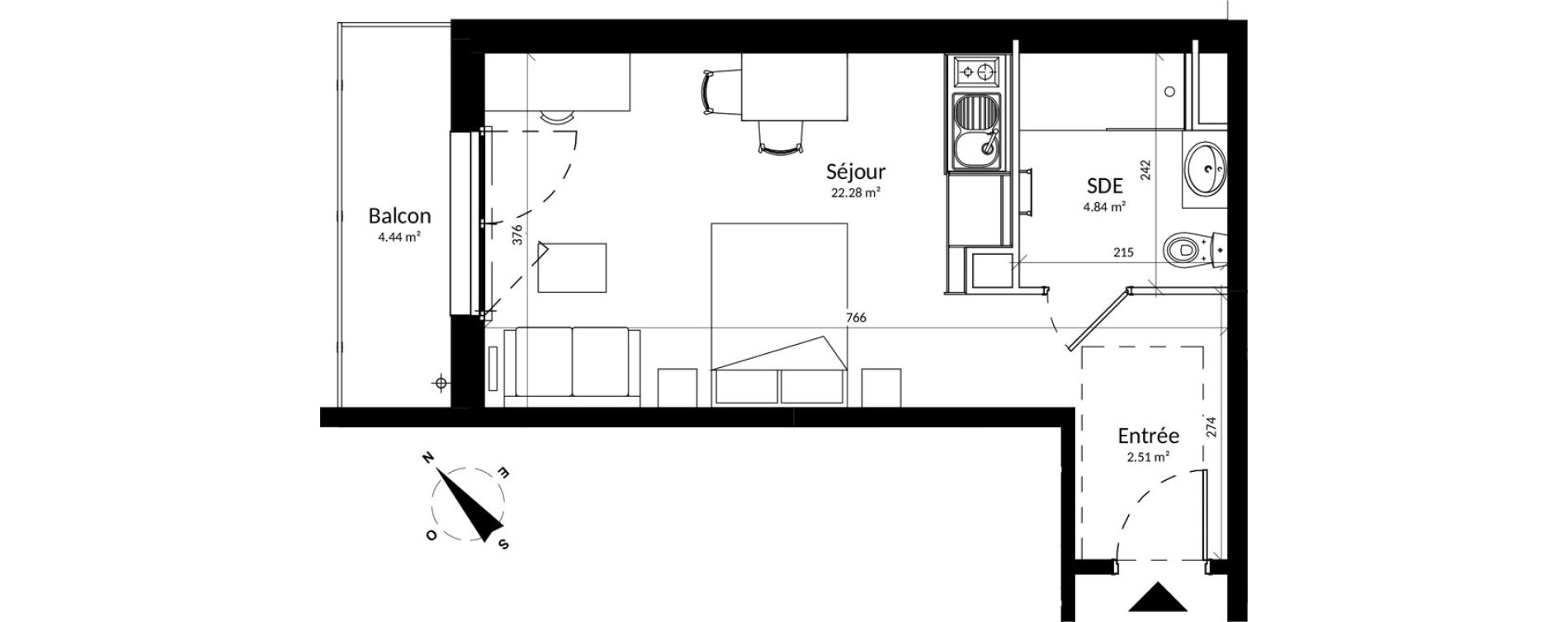 Appartement T1 meubl&eacute; de 29,63 m2 &agrave; Reims Fac de sciences campus