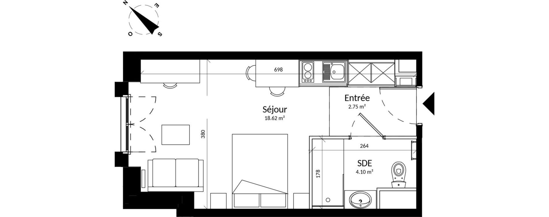 Appartement T1 meubl&eacute; de 25,47 m2 &agrave; Reims Fac de sciences campus