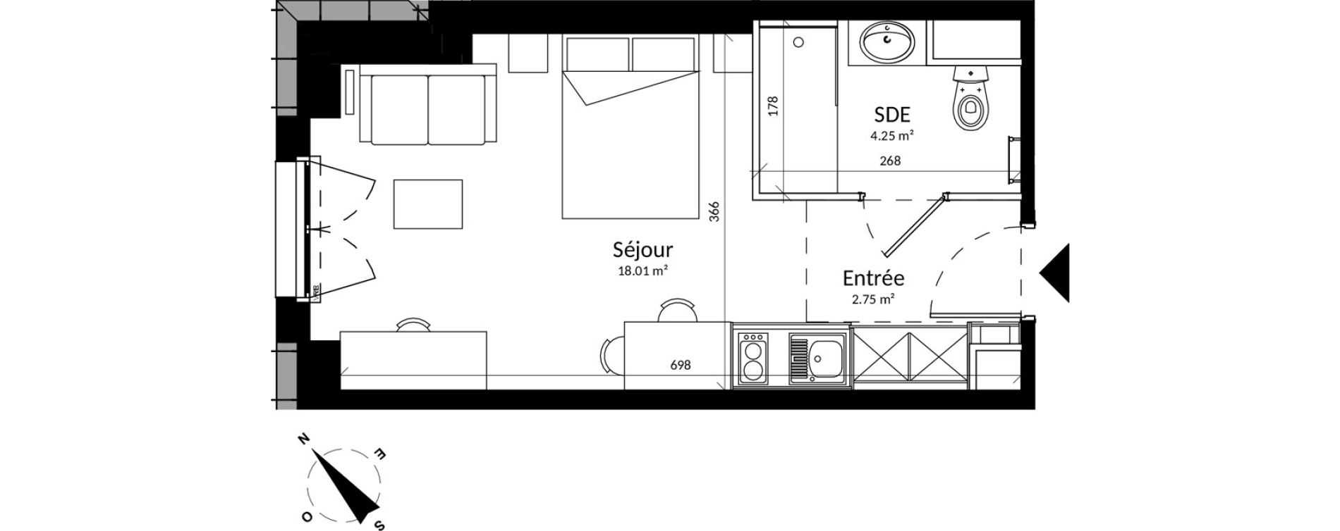 Appartement T1 meubl&eacute; de 25,01 m2 &agrave; Reims Fac de sciences campus