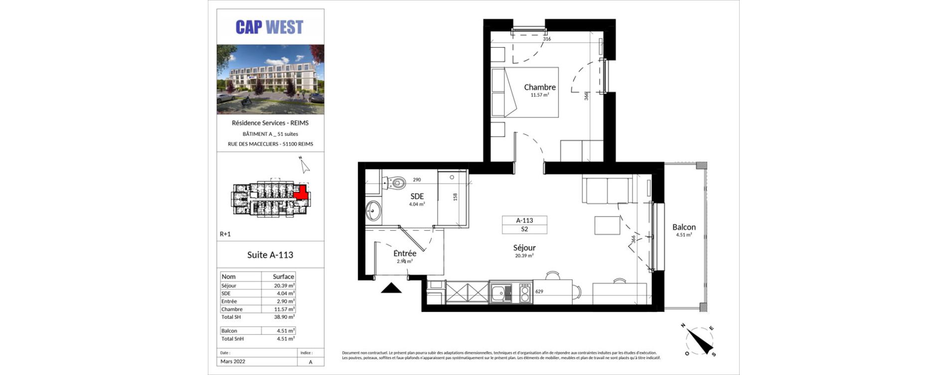 Appartement T2 meubl&eacute; de 38,90 m2 &agrave; Reims Fac de sciences campus