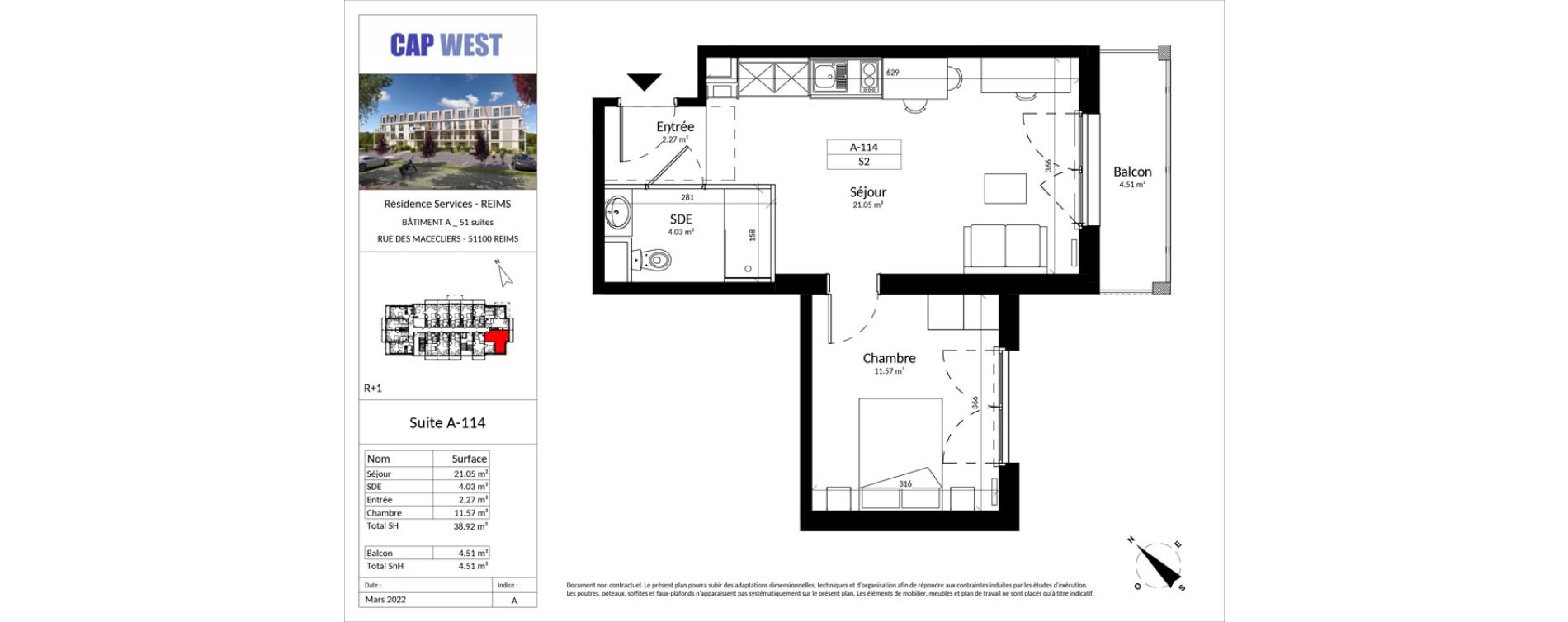 Appartement T2 meubl&eacute; de 38,92 m2 &agrave; Reims Fac de sciences campus