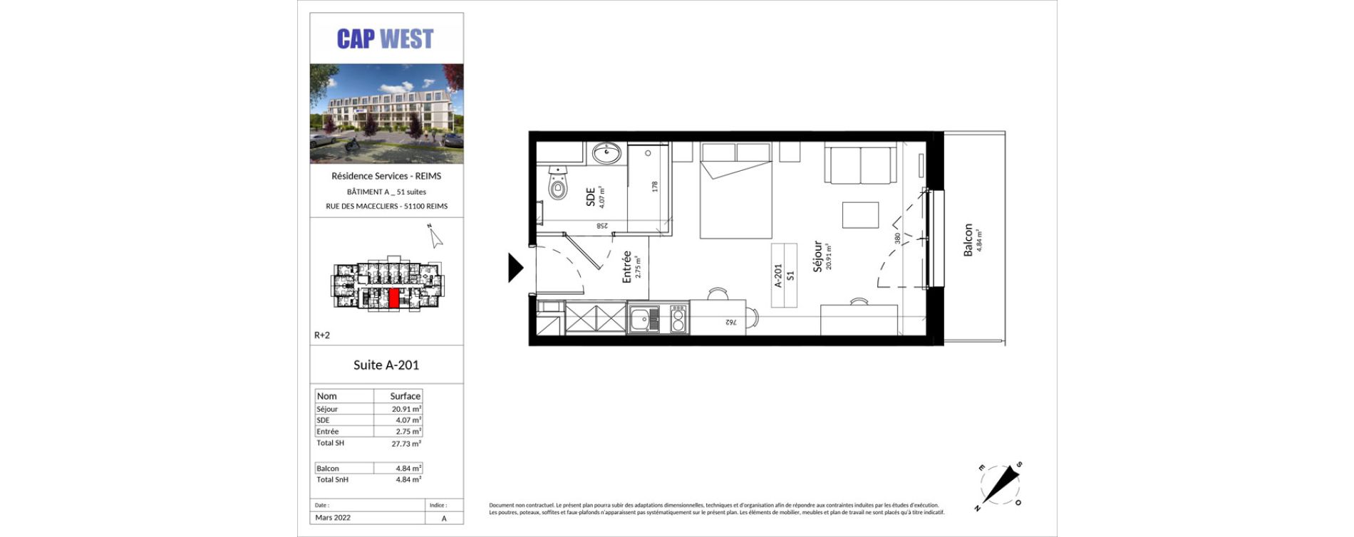Appartement T1 meubl&eacute; de 27,73 m2 &agrave; Reims Fac de sciences campus