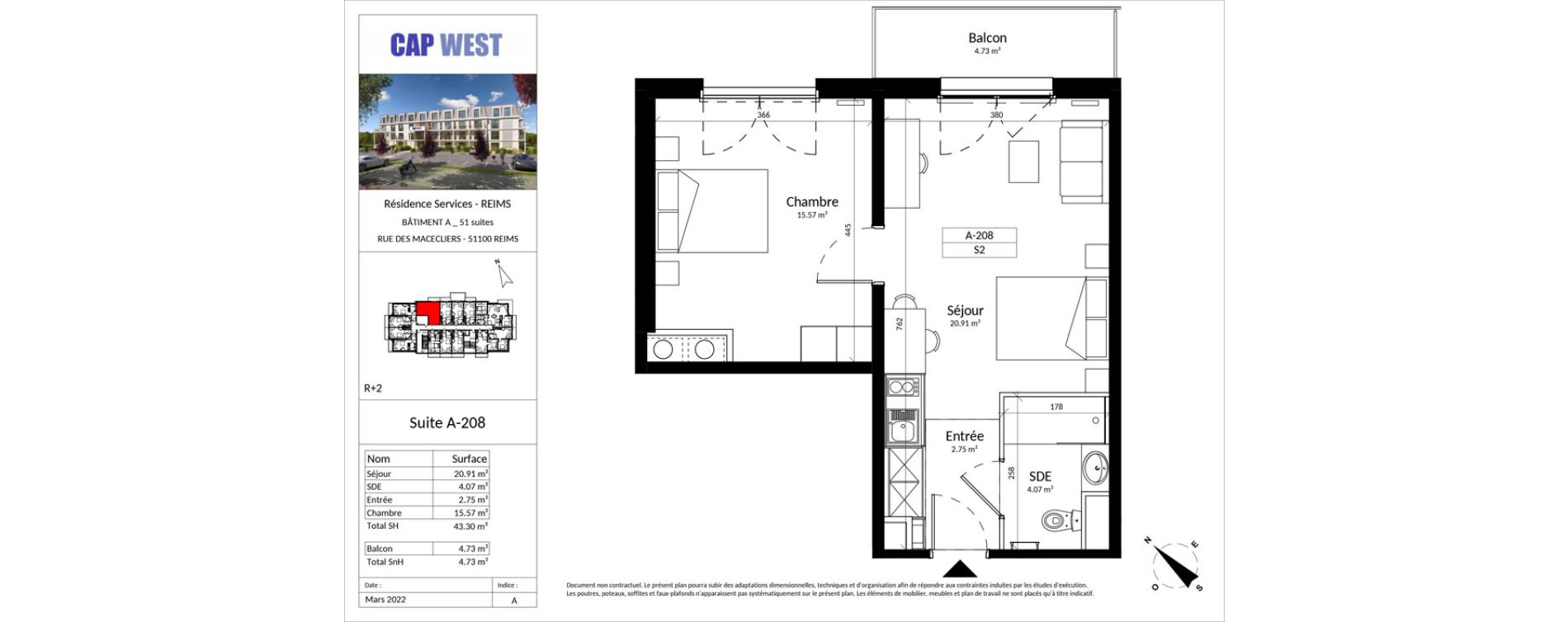 Appartement T2 meubl&eacute; de 43,30 m2 &agrave; Reims Fac de sciences campus