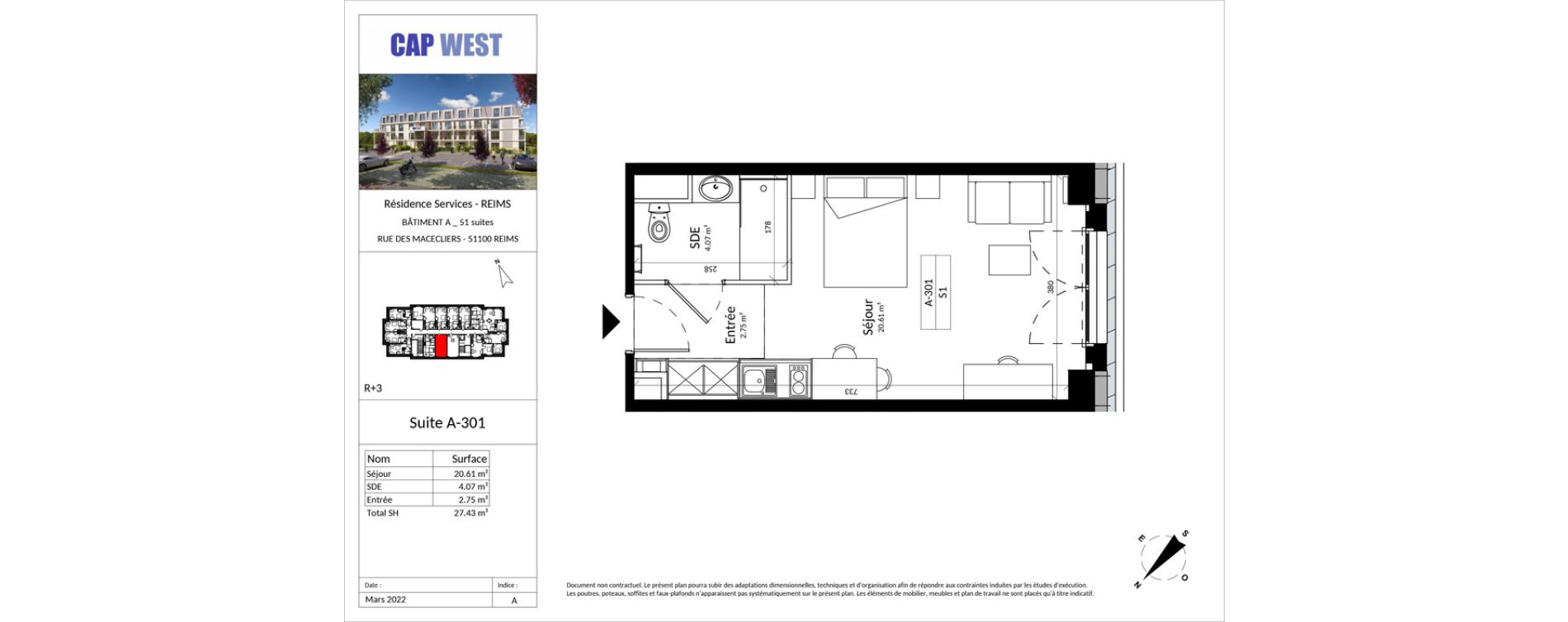 Appartement T1 meubl&eacute; de 27,43 m2 &agrave; Reims Fac de sciences campus