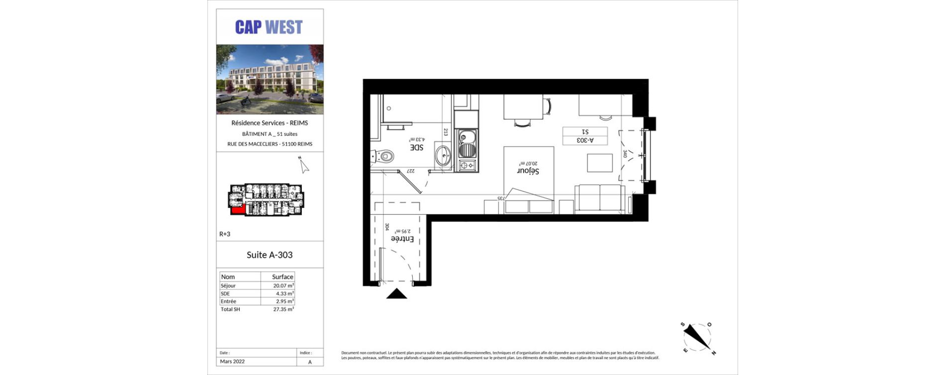 Appartement T1 meubl&eacute; de 27,35 m2 &agrave; Reims Fac de sciences campus