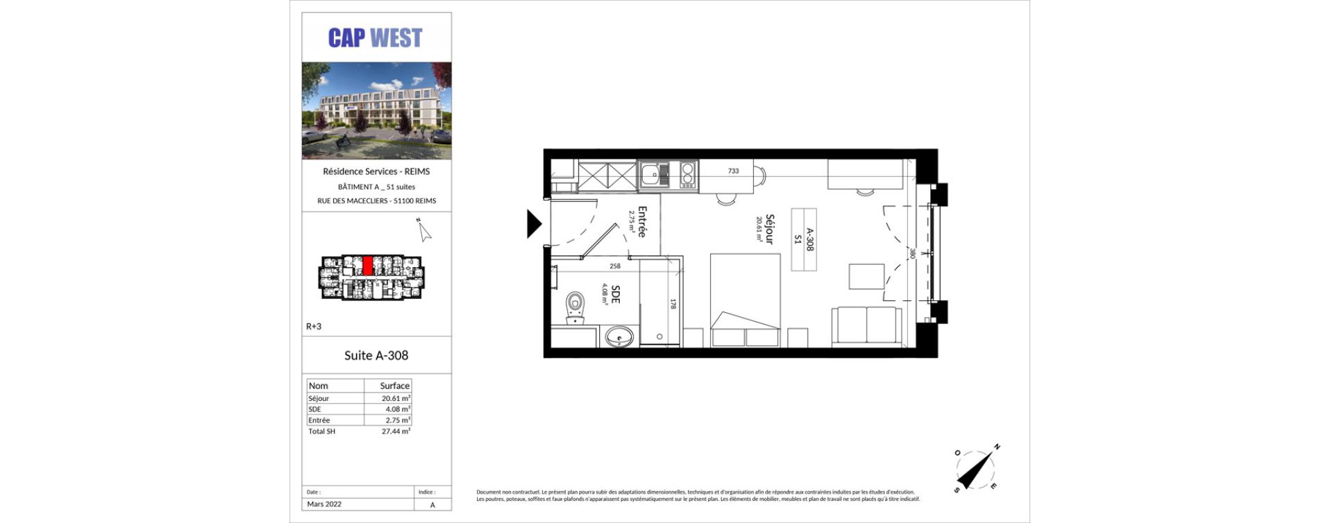 Appartement T1 meubl&eacute; de 27,44 m2 &agrave; Reims Fac de sciences campus