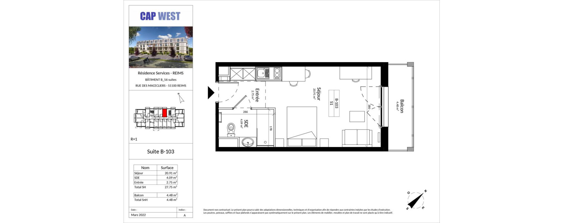 Appartement T1 meubl&eacute; de 27,75 m2 &agrave; Reims Fac de sciences campus